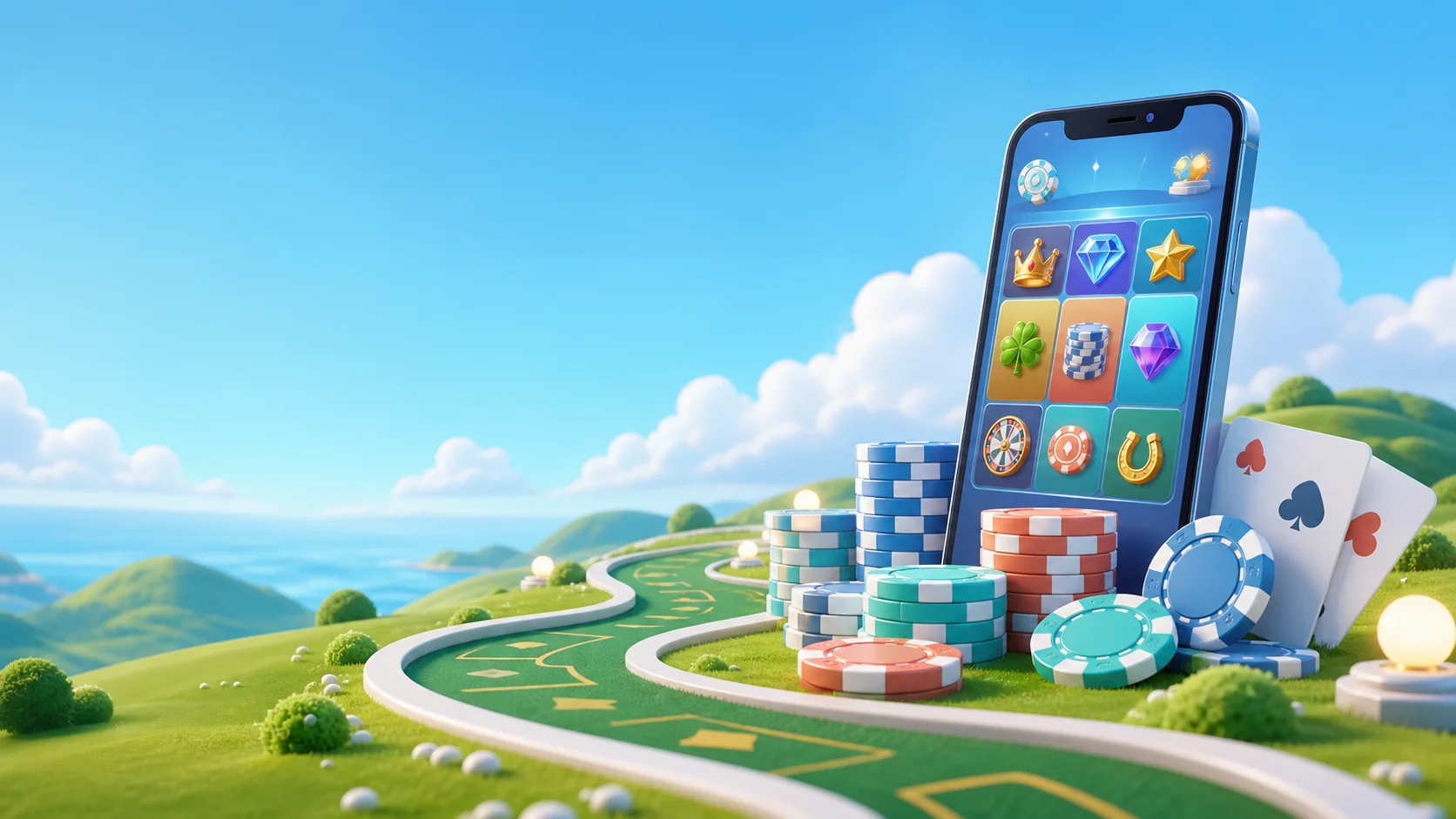 Stylised Spinland mobile casino lobby on a phone beside blue, teal and coral chips on a green island